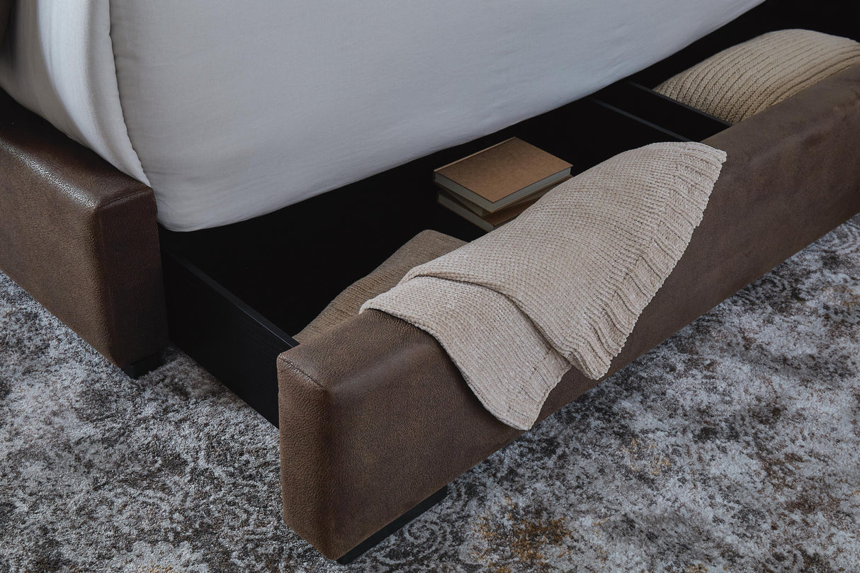 Lavernty Coffee King Upholstered Storage Bed by Ashley at Eve Furniture