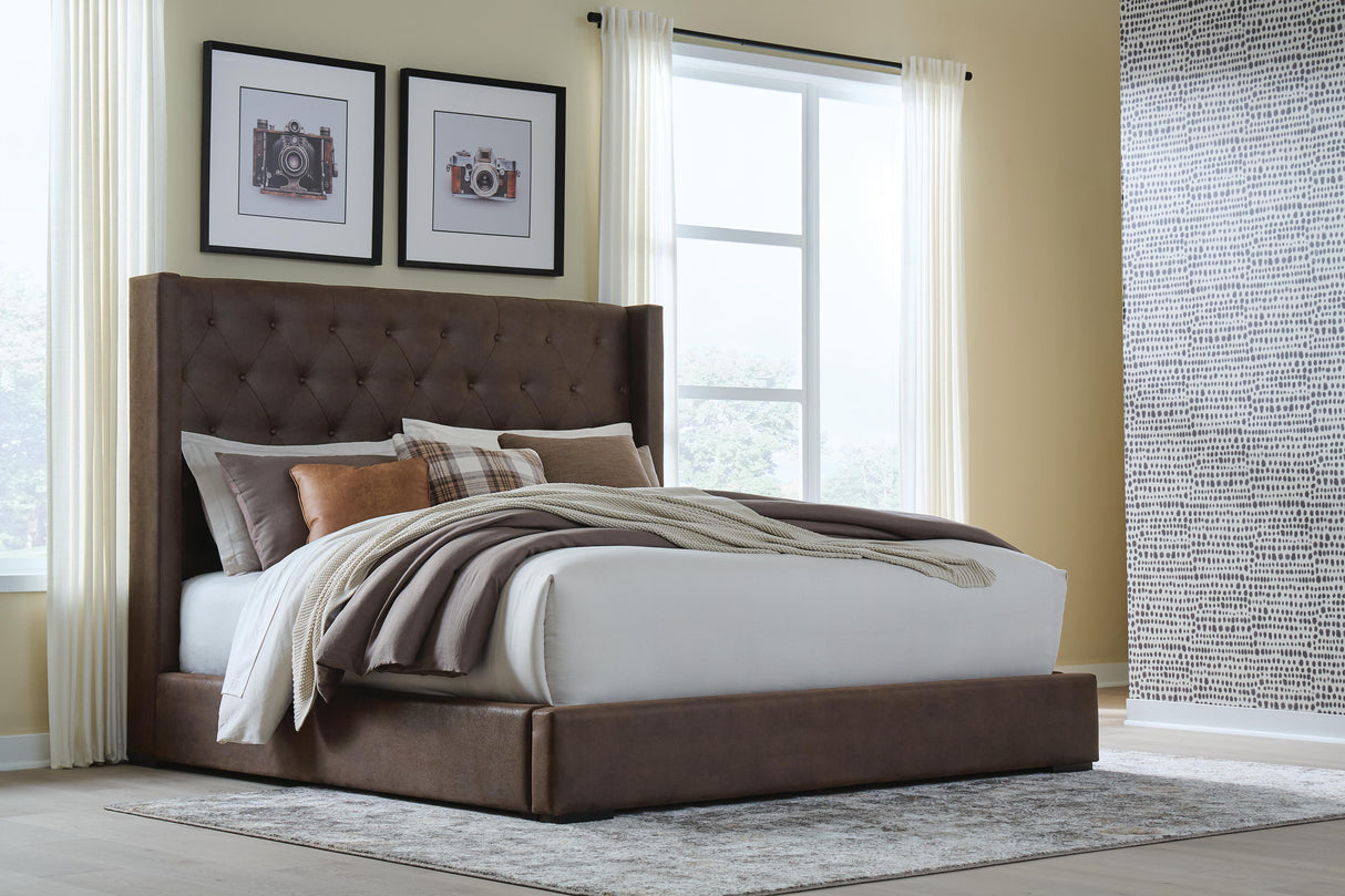 Lavernty Coffee King Upholstered Storage Bed by Ashley at Eve Furniture