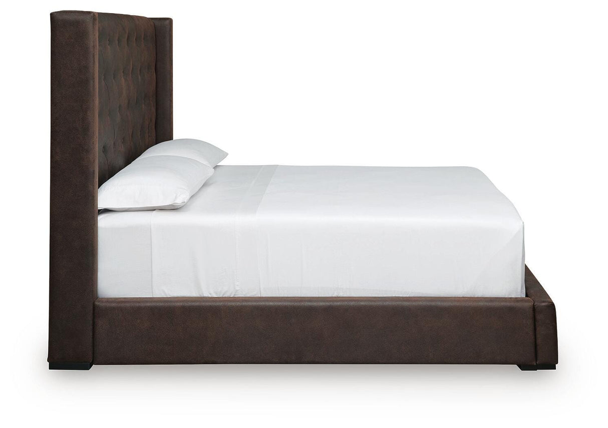 Lavernty Coffee Queen Upholstered Storage Bed by Ashley at Eve Furniture