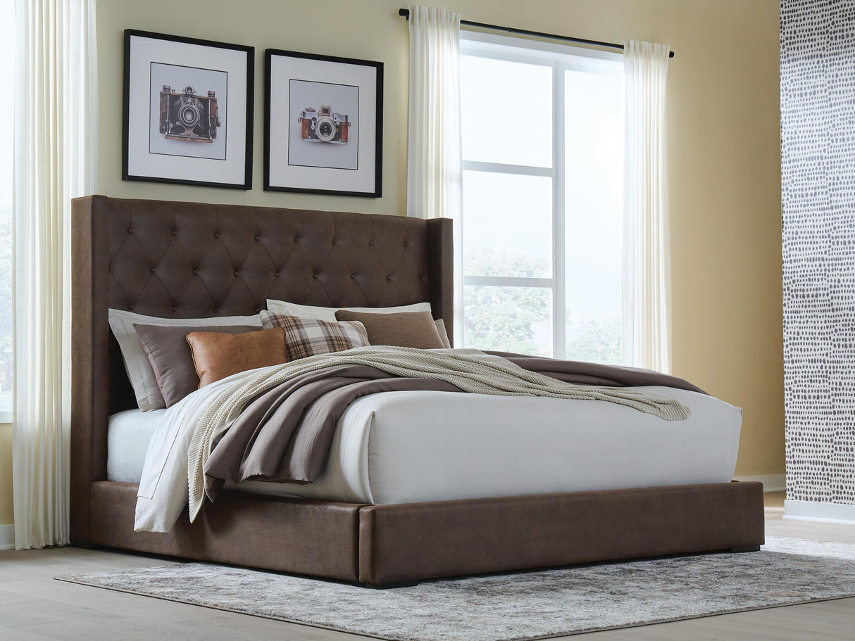 Lavernty Coffee Queen Upholstered Storage Bed by Ashley at Eve Furniture
