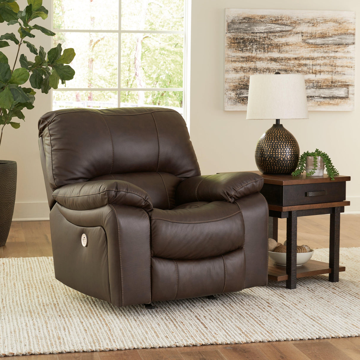 Leesworth Dark Brown Power Leather Recliner by Ashley at Eve Furniture