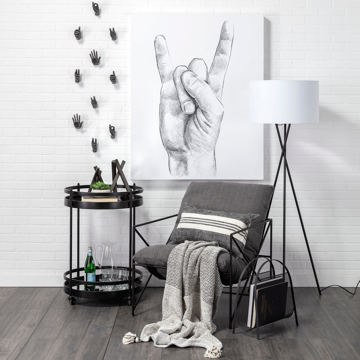 Leonidas 28.5L x 29.5W x 34.0H Grey Fabric Wrap Black Metal Frame Accent Chair by Mercana at Eve Furniture