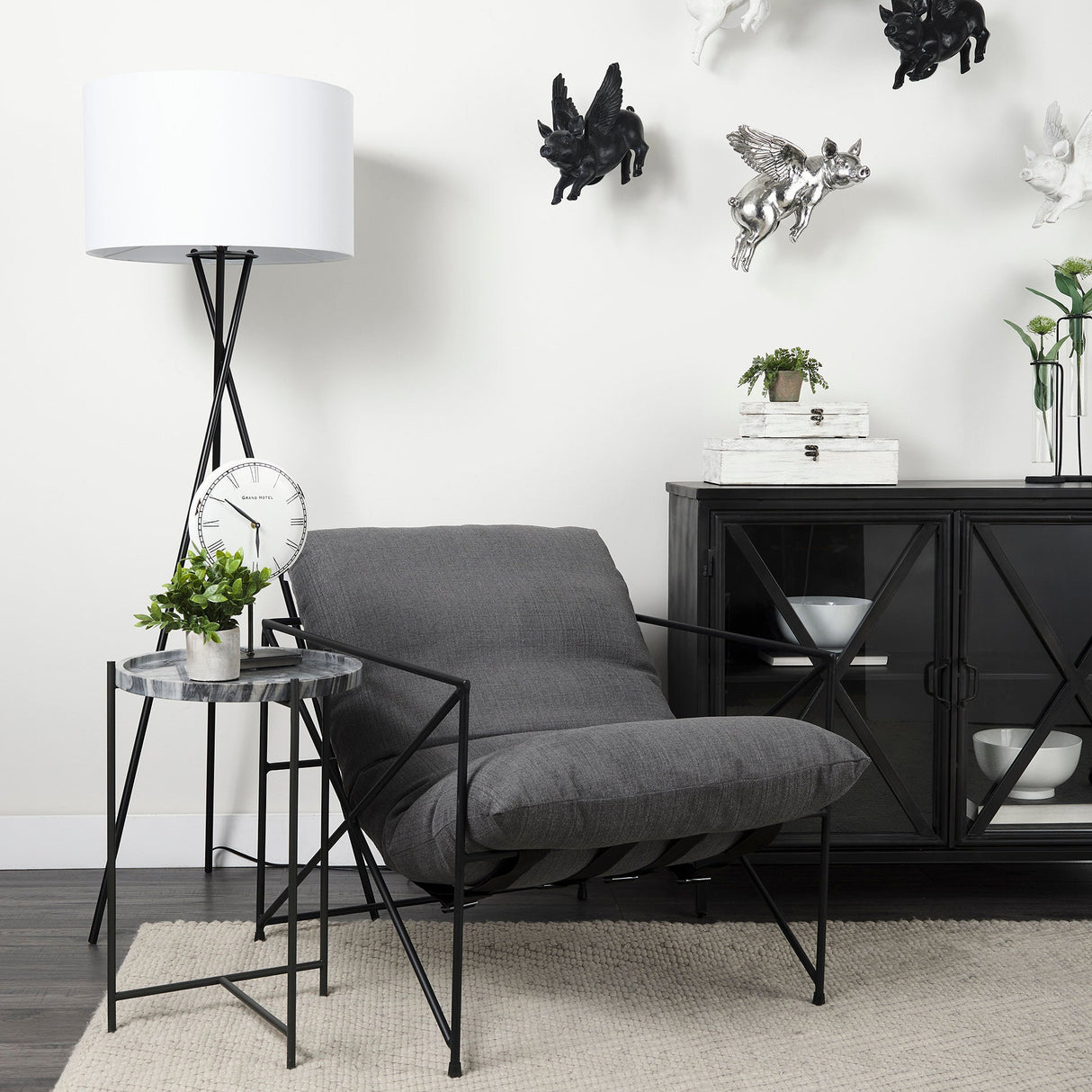 Leonidas Grey Fabric Wrap Black Metal Frame Accent Chair by Mercana at Eve Furniture