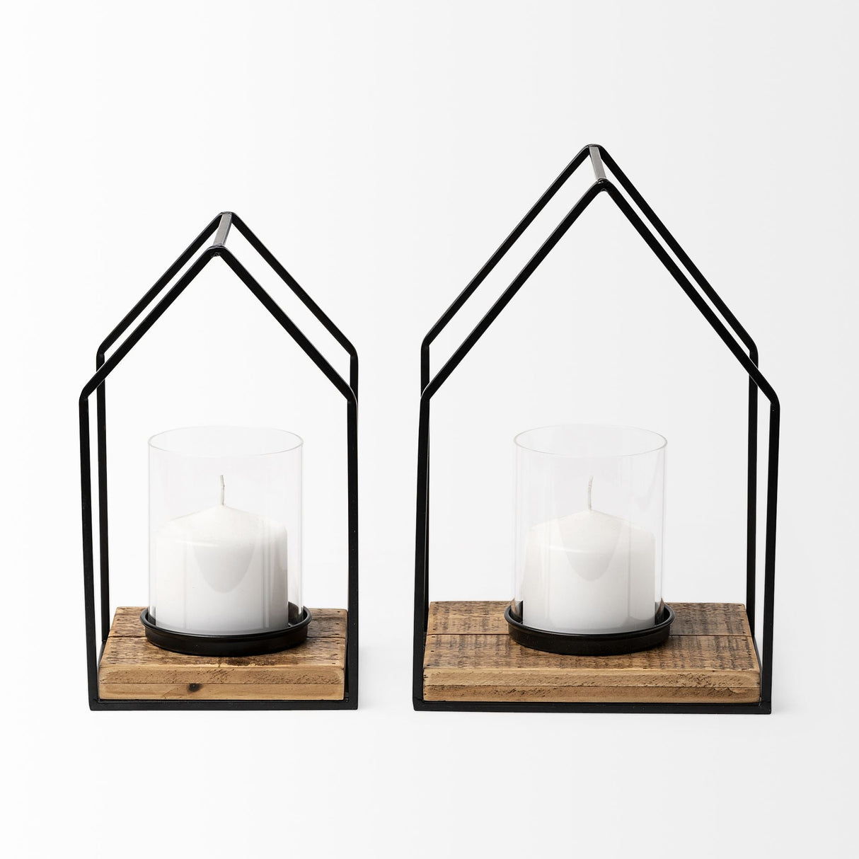 Leopold Set of Two Black Metal Wooden Base Table Candle Holders by Mercana at Eve Furniture