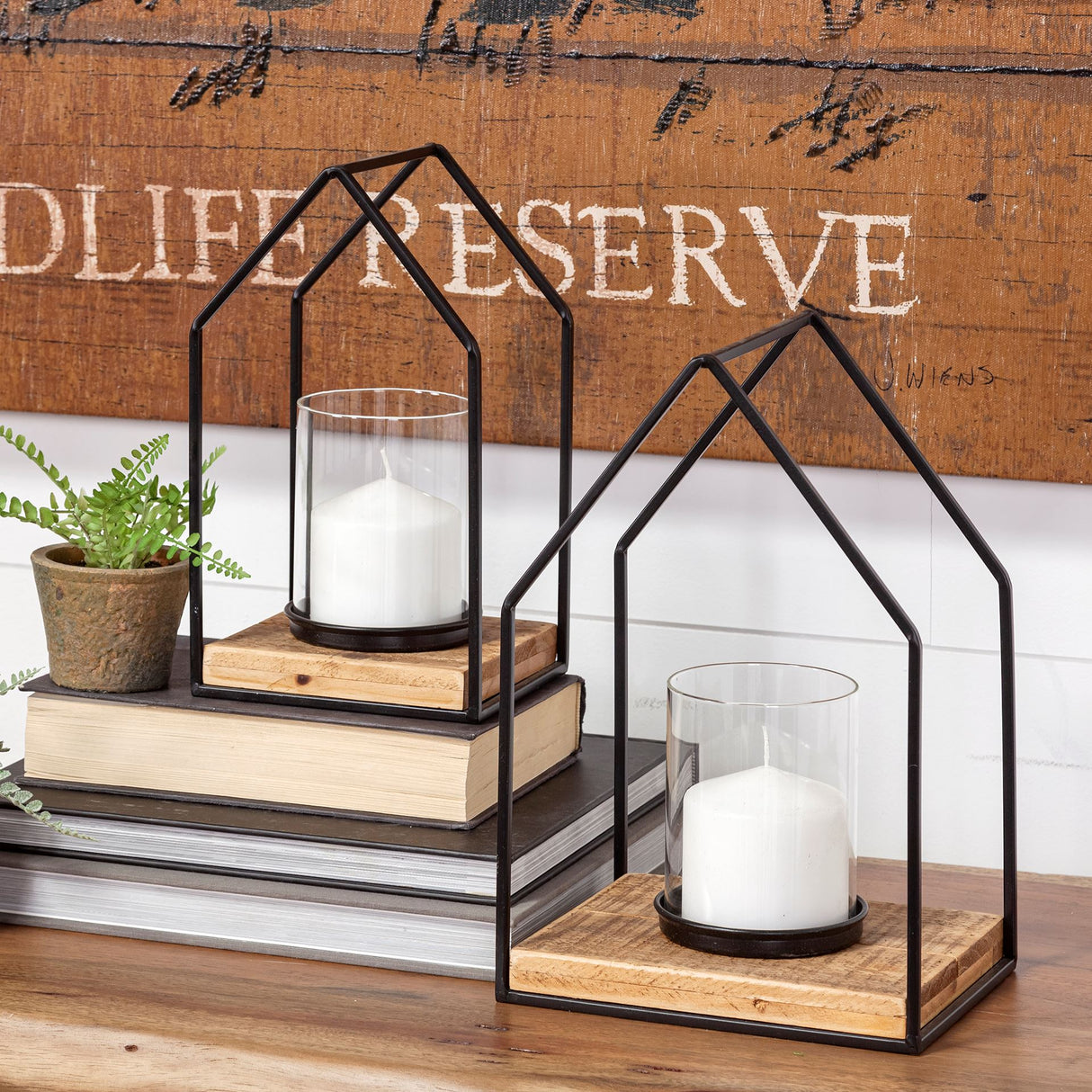 Leopold Set of Two Black Metal Wooden Base Table Candle Holders by Mercana at Eve Furniture