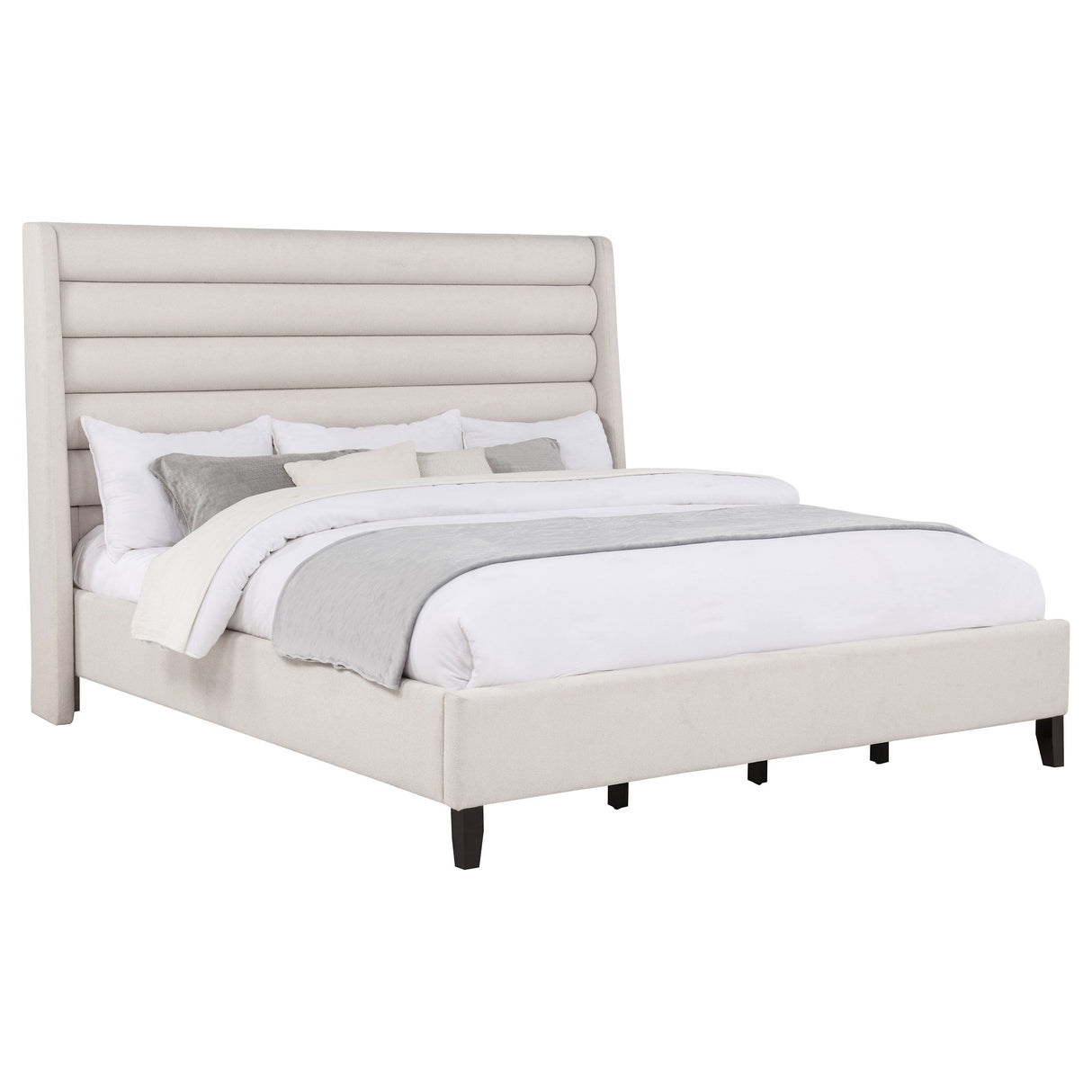 Leslie Beige Upholstered Tufted Eastern King Wingback Platform Bed by Coaster at Eve Furniture