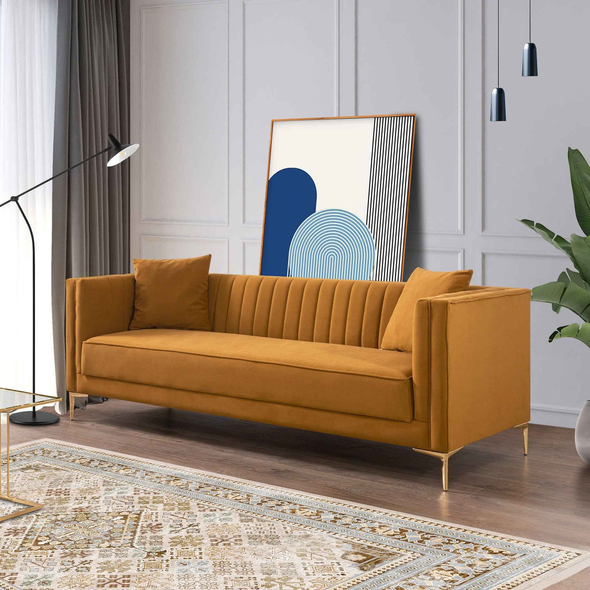 Lewis Cognac Velvet Sofa - 91" by Ashcroft Imports at Eve Furniture