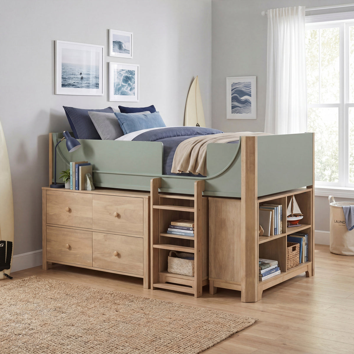 Liam Green/Natural Twin Low Loft Bed with 2-Shelf Bookcase, 4-Shelf Bookcase and Dresser by Homelegance at Eve Furniture