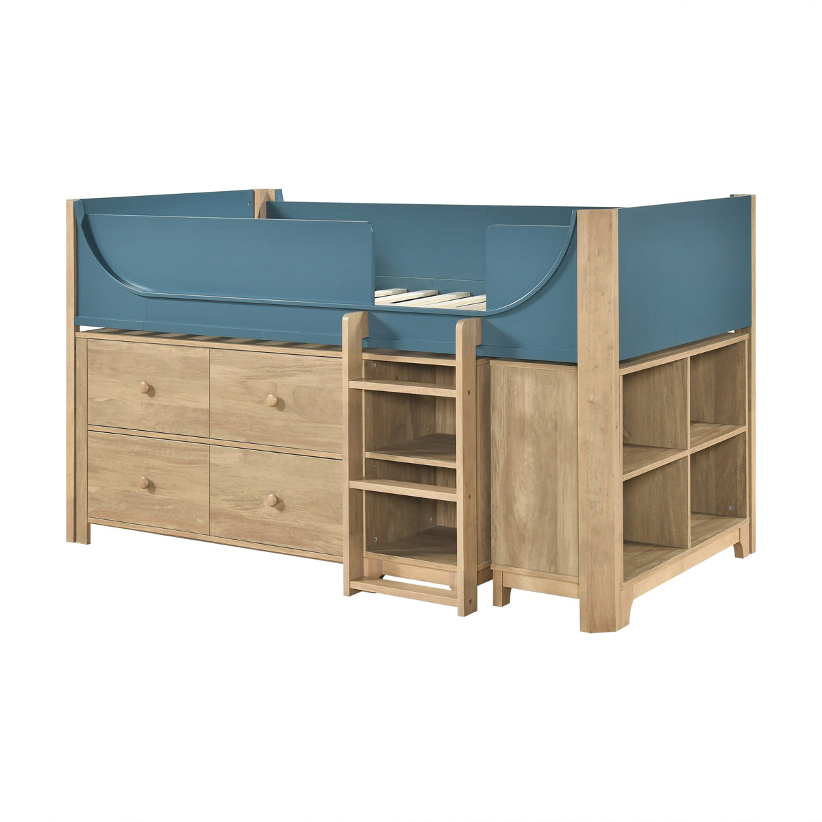 Liam Natural/Blue Twin Low Loft Bed with 2-Shelf Bookcase, 4-Shelf Bookcase and Dresser by Homelegance at Eve Furniture