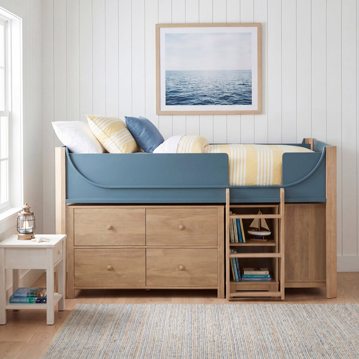 Liam Natural/Blue Twin Low Loft Bed with 2-Shelf Bookcase, 4-Shelf Bookcase and Dresser by Homelegance at Eve Furniture