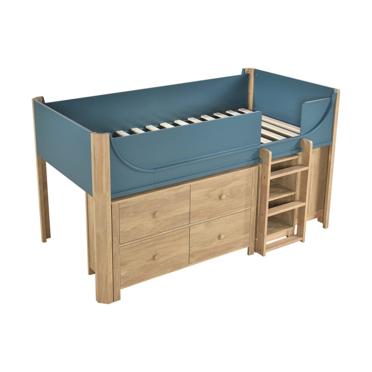 Liam Natural/Blue Twin Low Loft Bed with 2-Shelf Bookcase, 4-Shelf Bookcase and Dresser by Homelegance at Eve Furniture