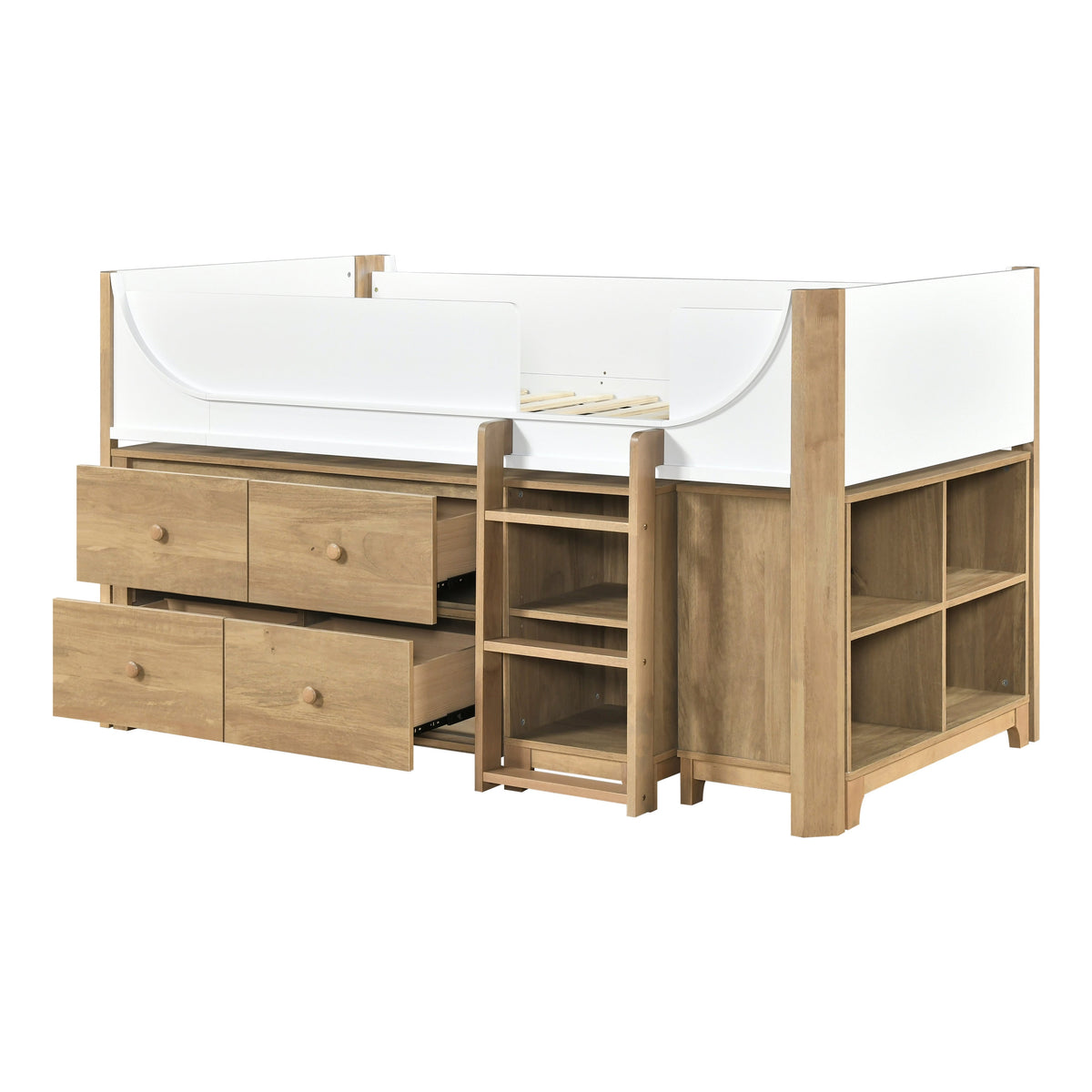 Liam White/Natural Low Loft Bed with 2-Shelf Bookcase, 4-Shelf Bookcase and Dresser by Homelegance at Eve Furniture