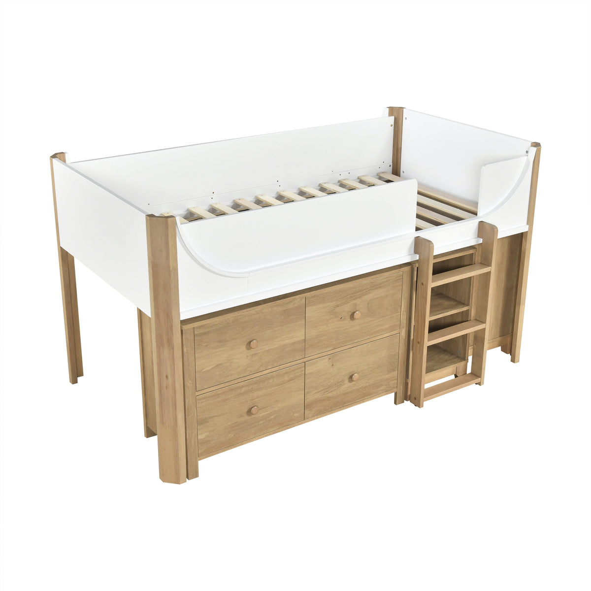 Liam White/Natural Low Loft Bed with 2-Shelf Bookcase, 4-Shelf Bookcase and Dresser by Homelegance at Eve Furniture