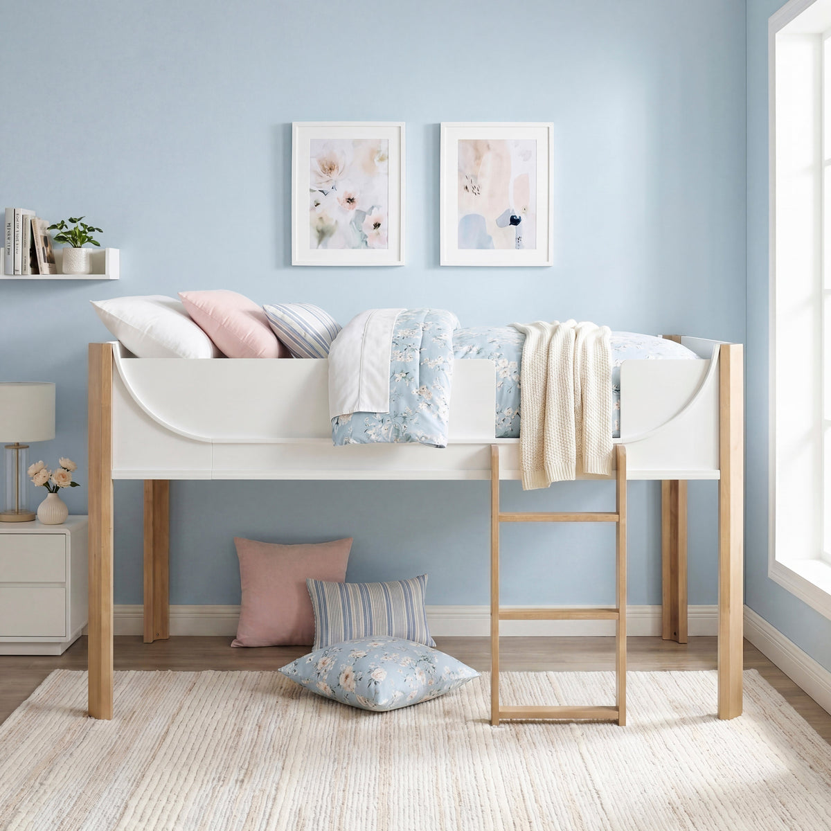 Liam White/Natural Twin Low Loft Bed by Homelegance at Eve Furniture