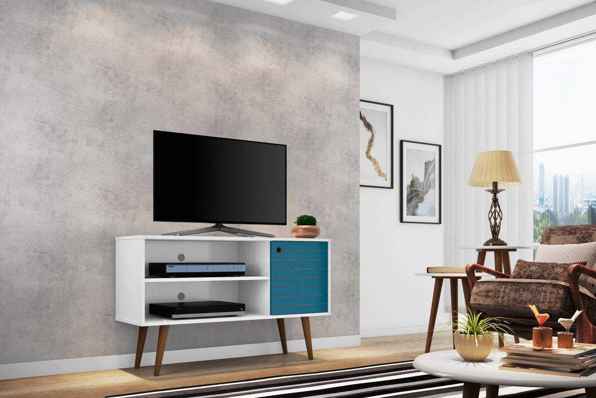 Liberty 42.52 TV Stand in White and Aqua Blue by Manhattan Comfort at Eve Furniture