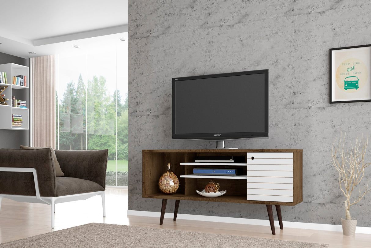 Liberty 53.14" Mid-Century Modern TV Stand in Rustic Brown and White by Manhattan Comfort at Eve Furniture