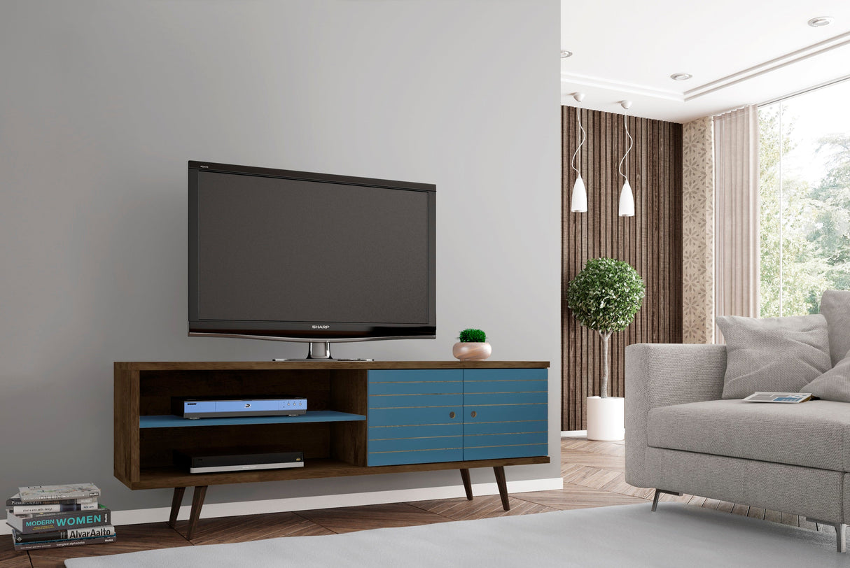 Liberty 62.99" Mid-Century Modern TV Stand in Rustic Brown and Aqua Blue by Manhattan Comfort at Eve Furniture