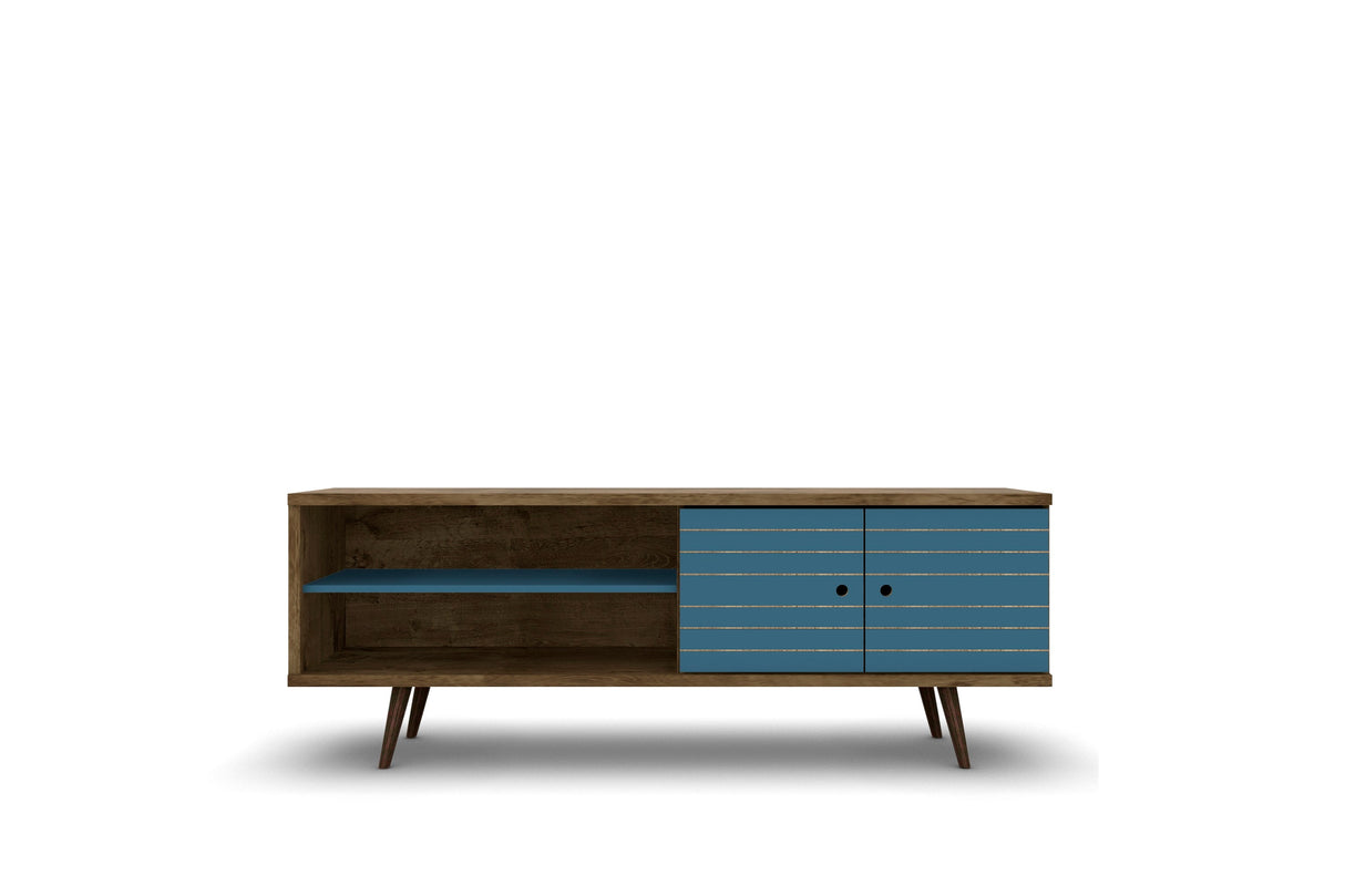 Liberty 62.99" Mid-Century Modern TV Stand in Rustic Brown and Aqua Blue by Manhattan Comfort at Eve Furniture