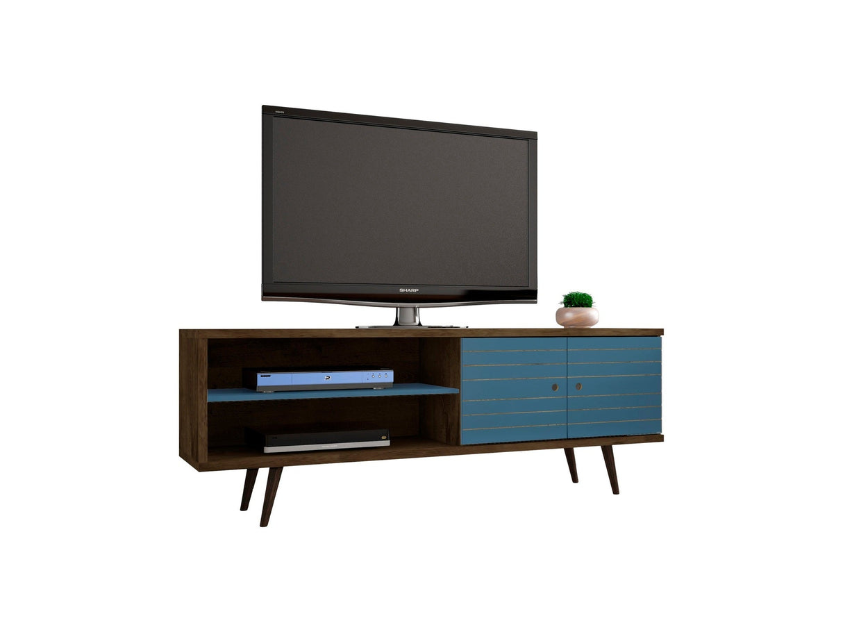 Liberty 62.99" Mid-Century Modern TV Stand in Rustic Brown and Aqua Blue by Manhattan Comfort at Eve Furniture