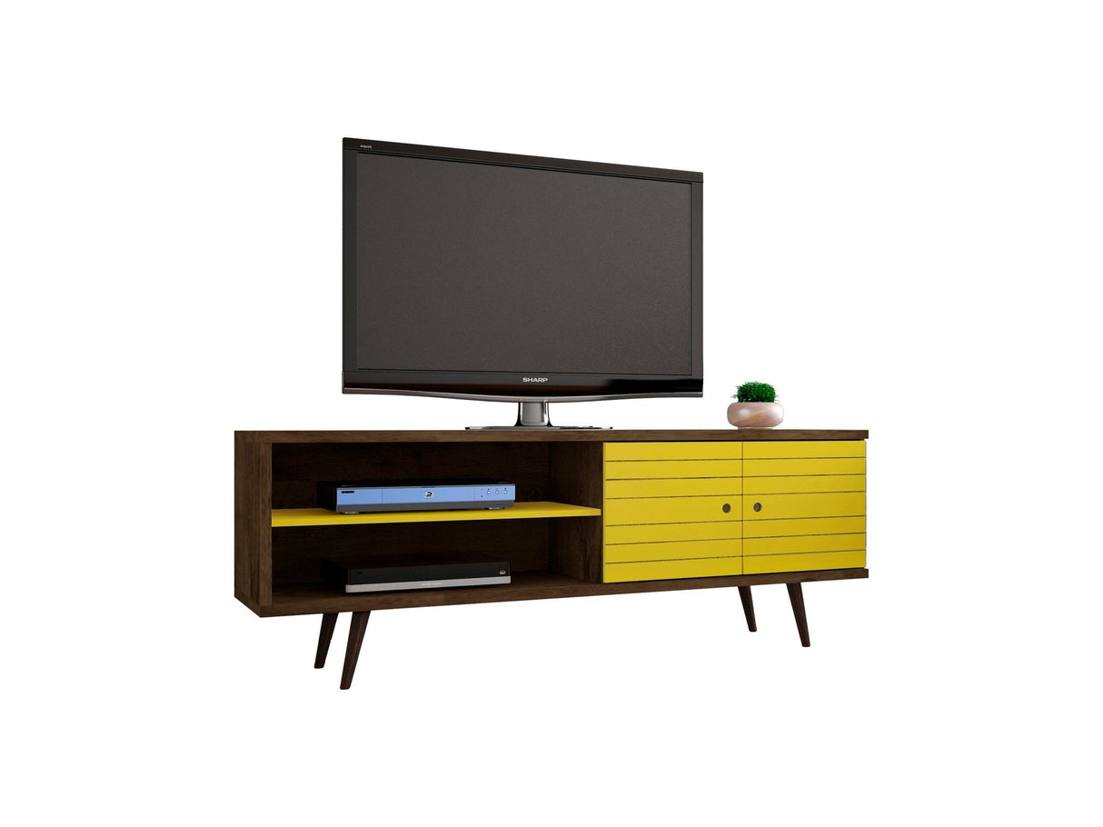 Liberty 62.99" Mid-Century Modern TV Stand in Rustic Brown and Yellow by Manhattan Comfort at Eve Furniture