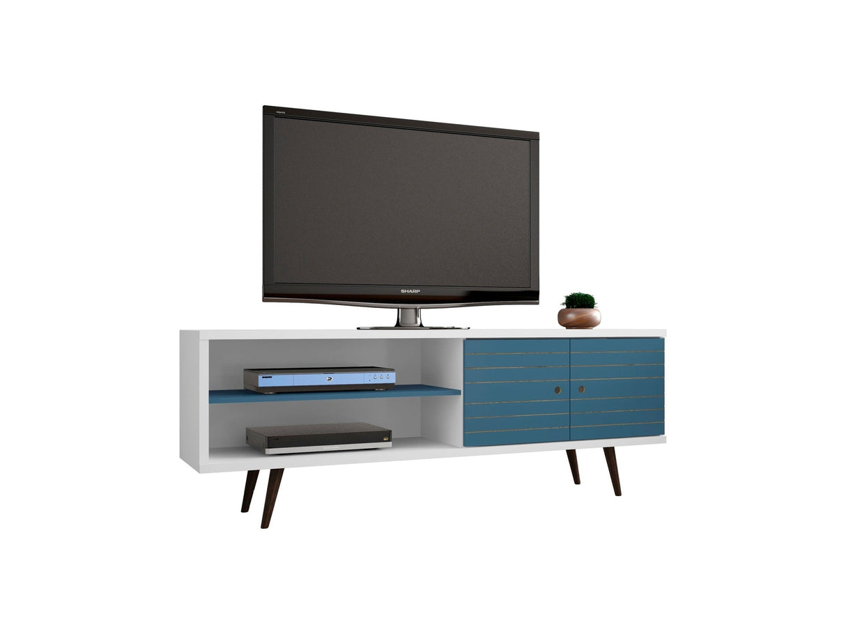 Liberty 62.99" Mid-Century Modern TV Stand in White and Aqua Blue by Manhattan Comfort at Eve Furniture