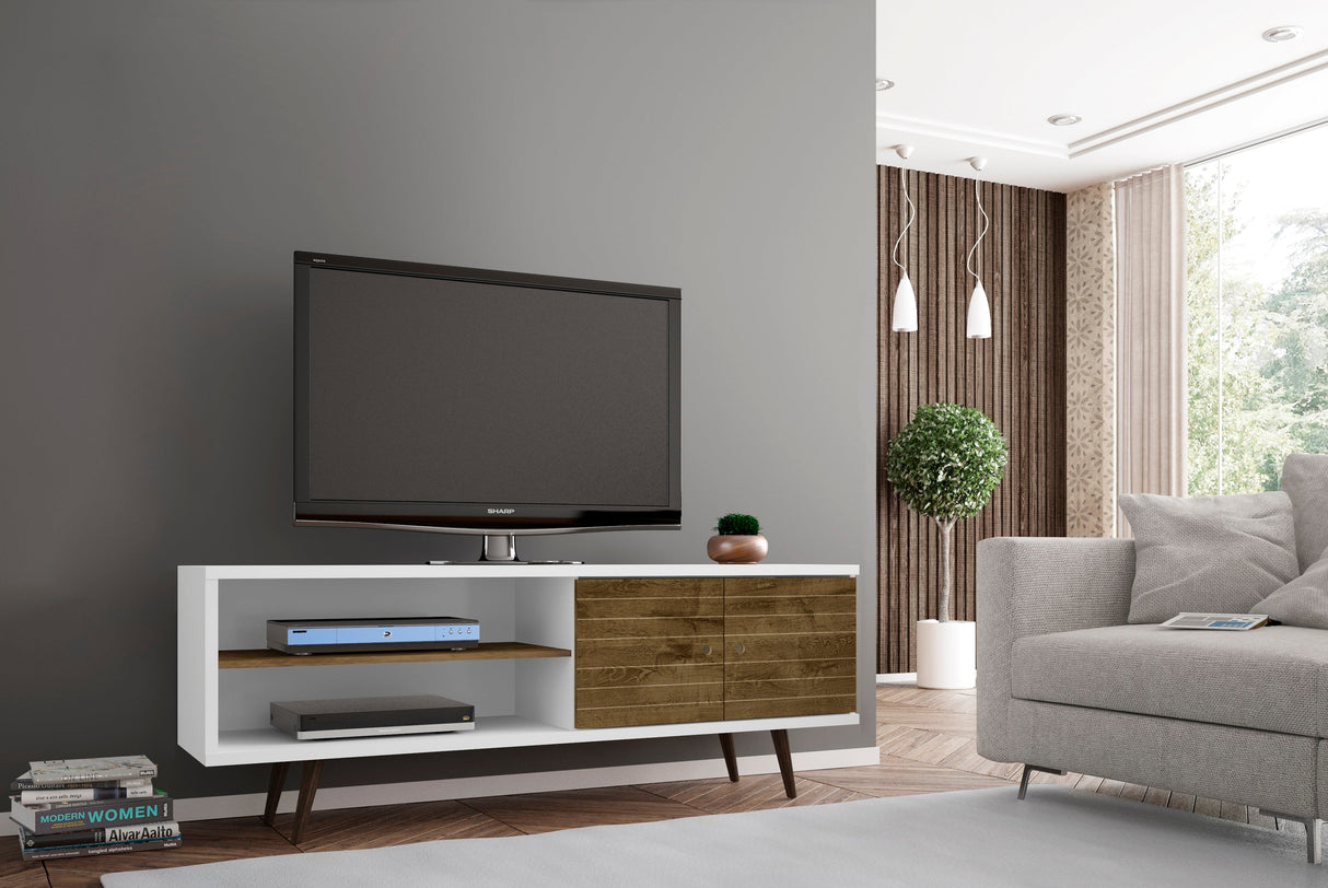 Liberty 62.99" Mid-Century Modern TV Stand in White and Rustic Brown by Manhattan Comfort at Eve Furniture