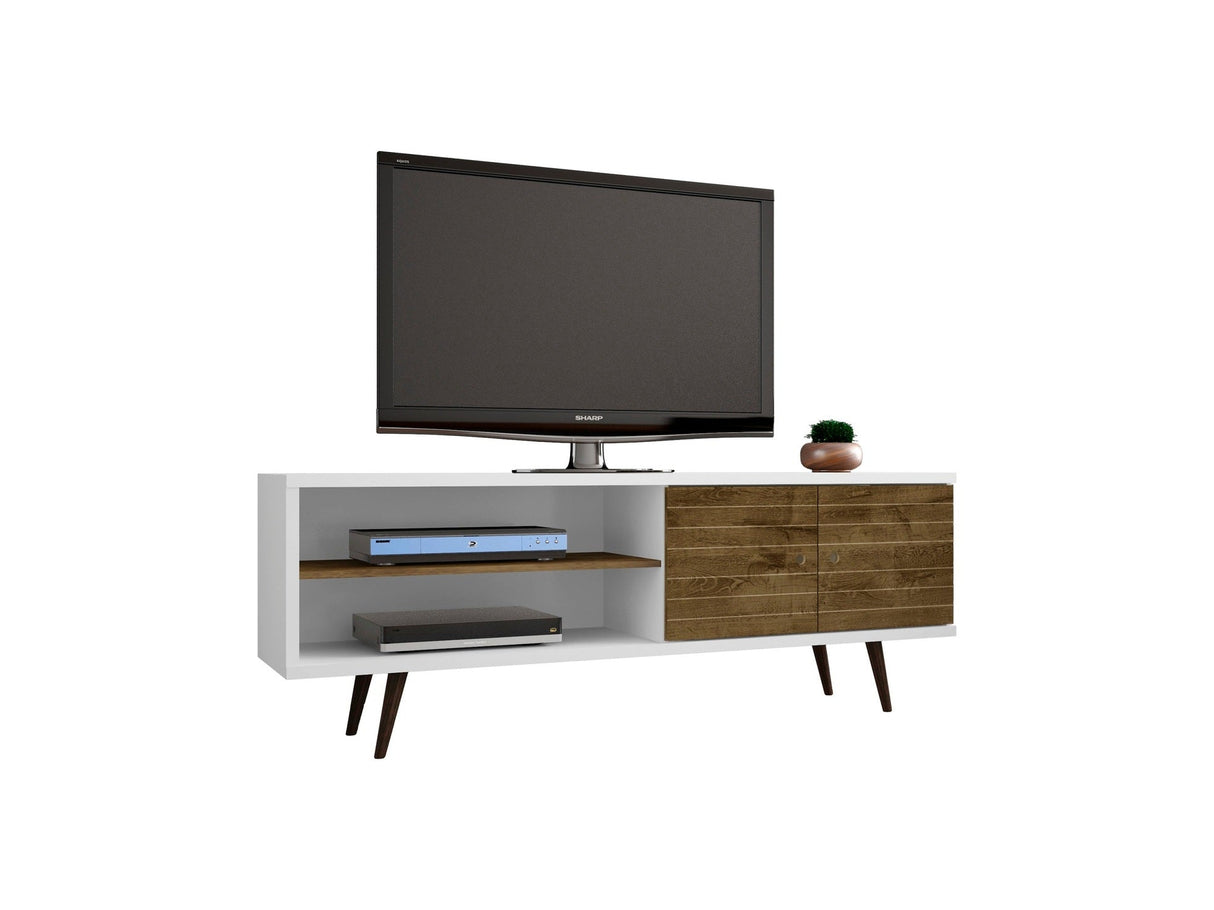 Liberty 62.99" Mid-Century Modern TV Stand in White and Rustic Brown by Manhattan Comfort at Eve Furniture