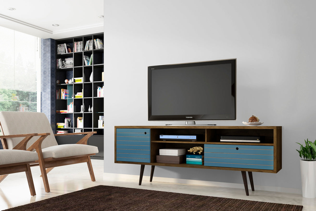 Liberty 70.86" Mid-Century Modern TV Stand in Rustic Brown and Aqua Blue by Manhattan Comfort at Eve Furniture