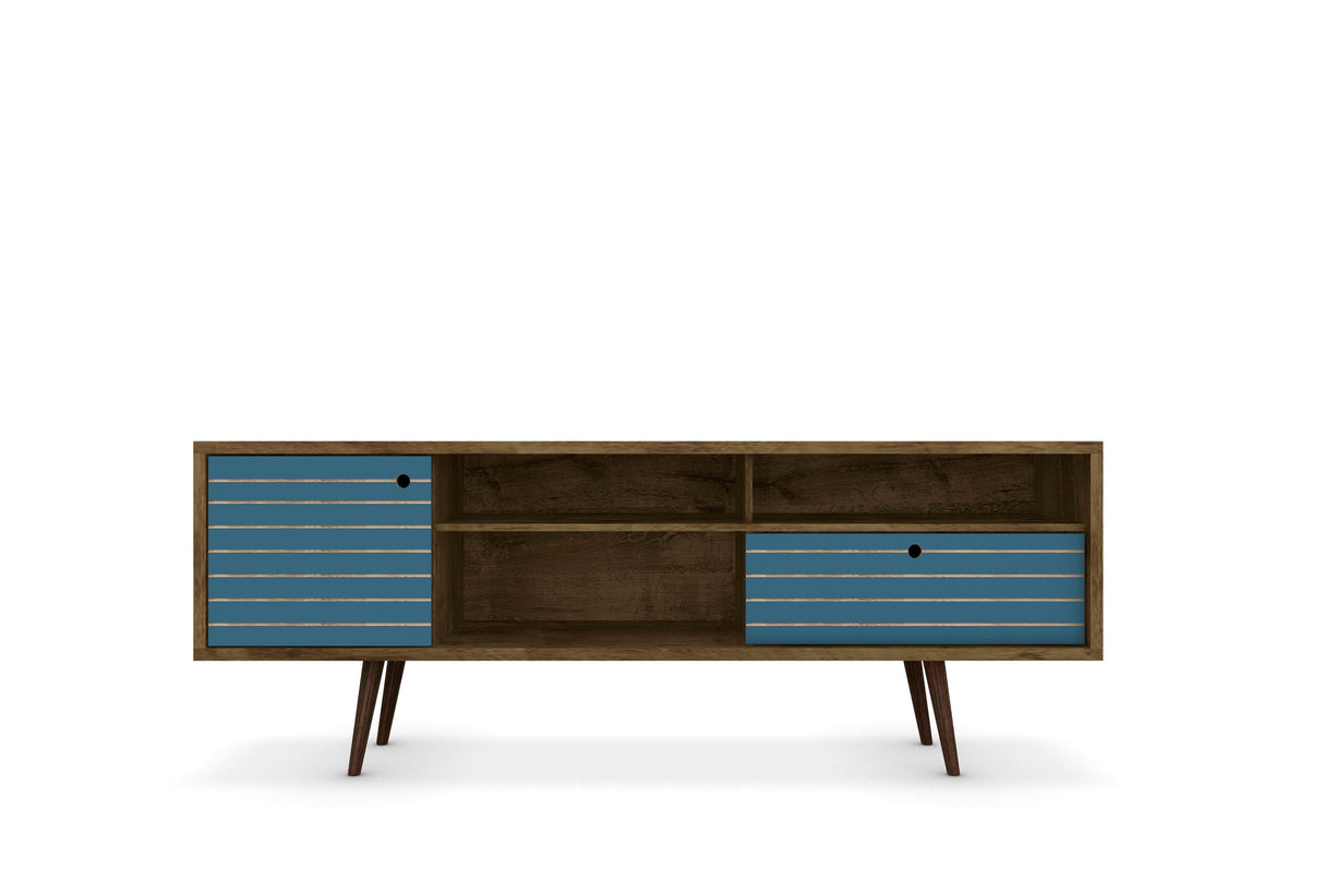 Liberty 70.86" Mid-Century Modern TV Stand in Rustic Brown and Aqua Blue by Manhattan Comfort at Eve Furniture