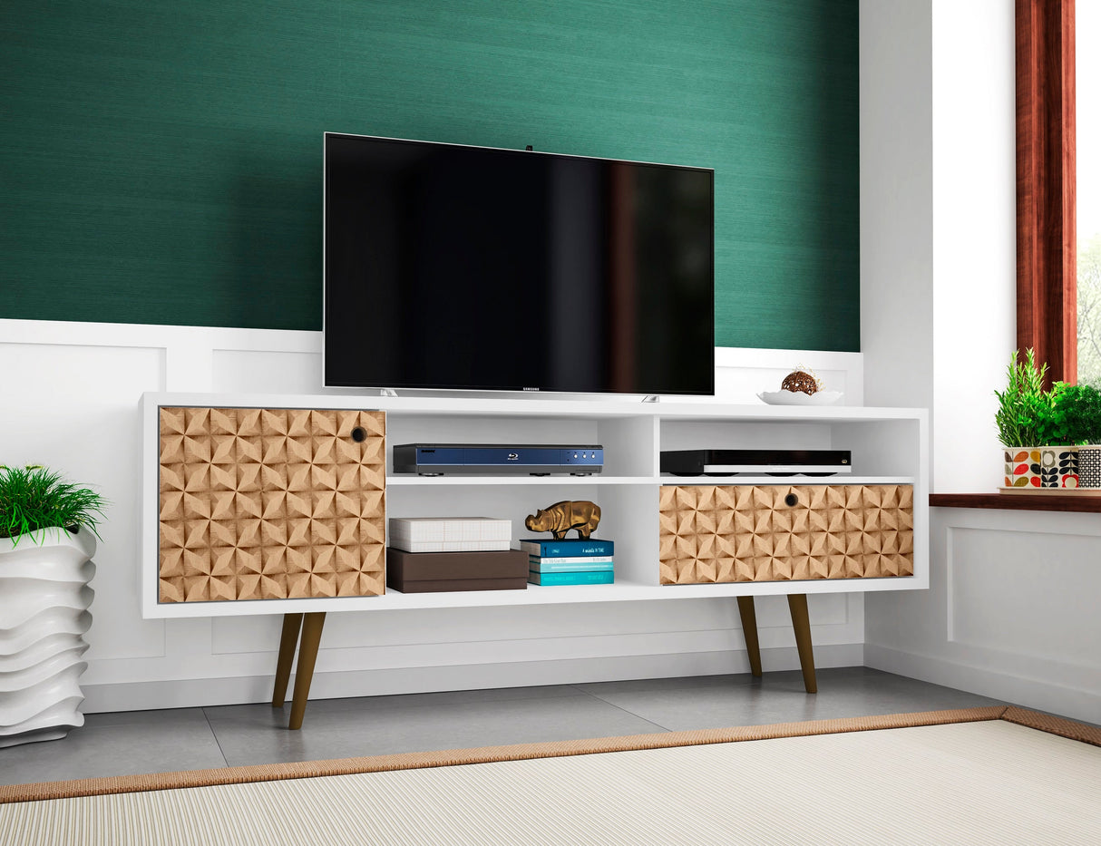 Liberty 70.86" Mid-Century Modern TV Stand in White and 3D Brown Prints by Manhattan Comfort at Eve Furniture