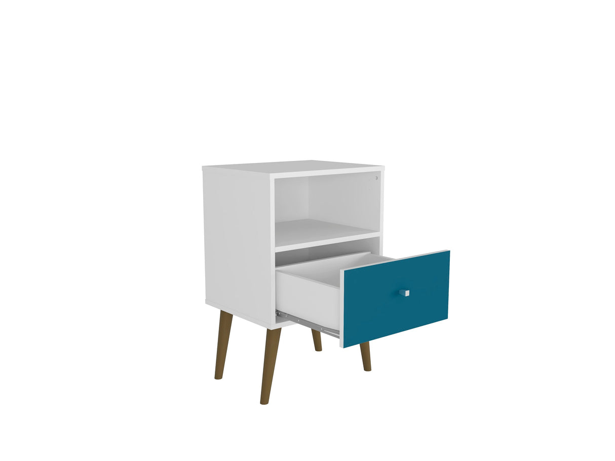 Liberty Mid-Century Modern Nightstand 1.0 in White and Aqua Blue by Manhattan Comfort at Eve Furniture
