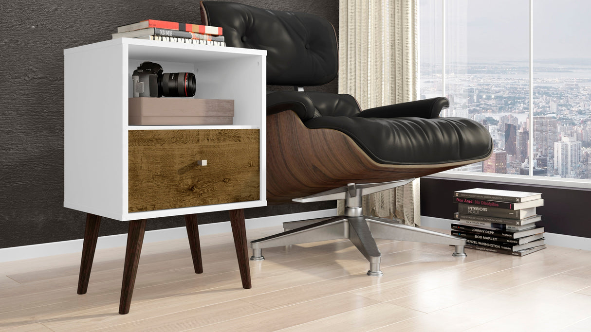 Liberty Mid-Century Modern Nightstand 1.0 in White and Rustic Brown by Manhattan Comfort at Eve Furniture