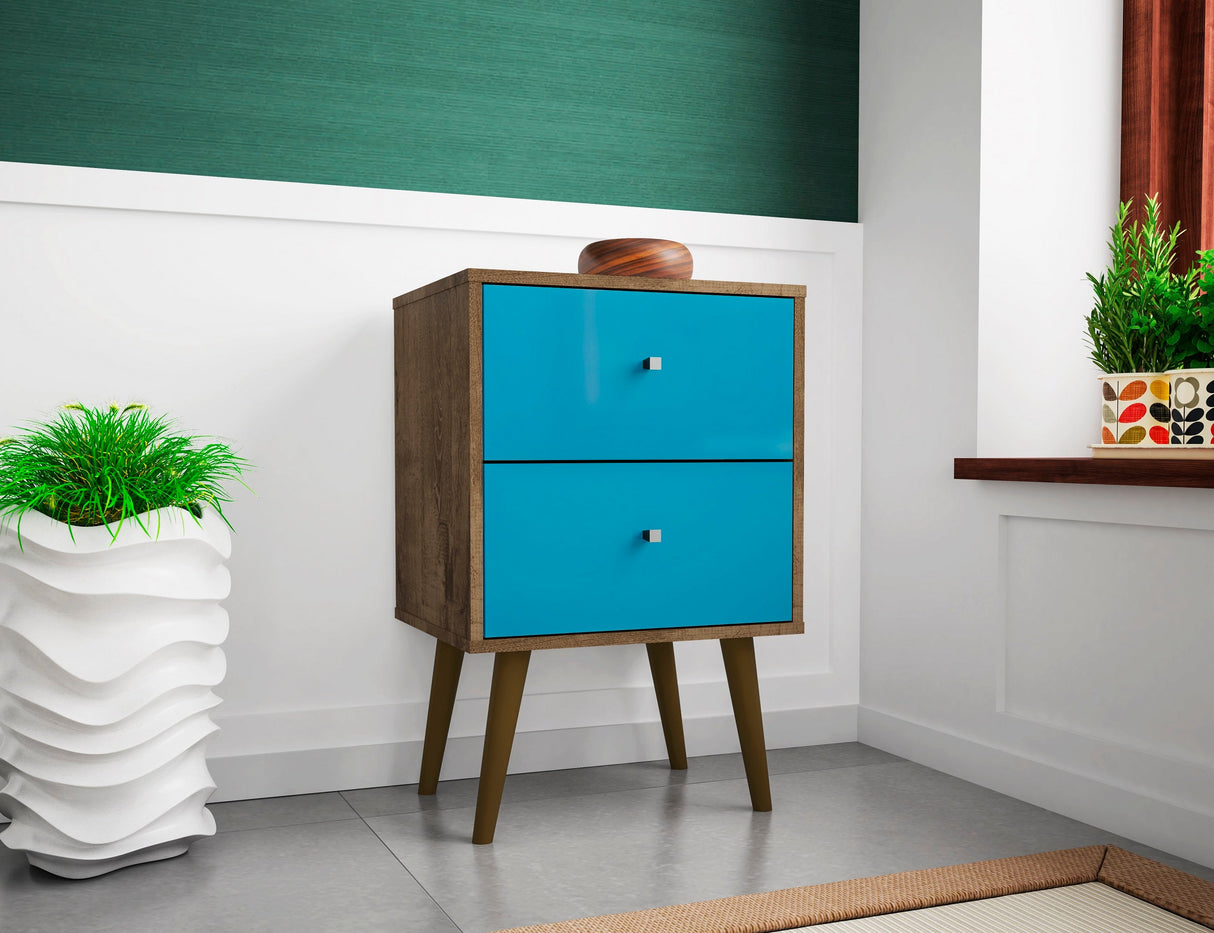 Liberty Nightstand 2.0 in Rustic Brown and Aqua Blue by Manhattan Comfort at Eve Furniture