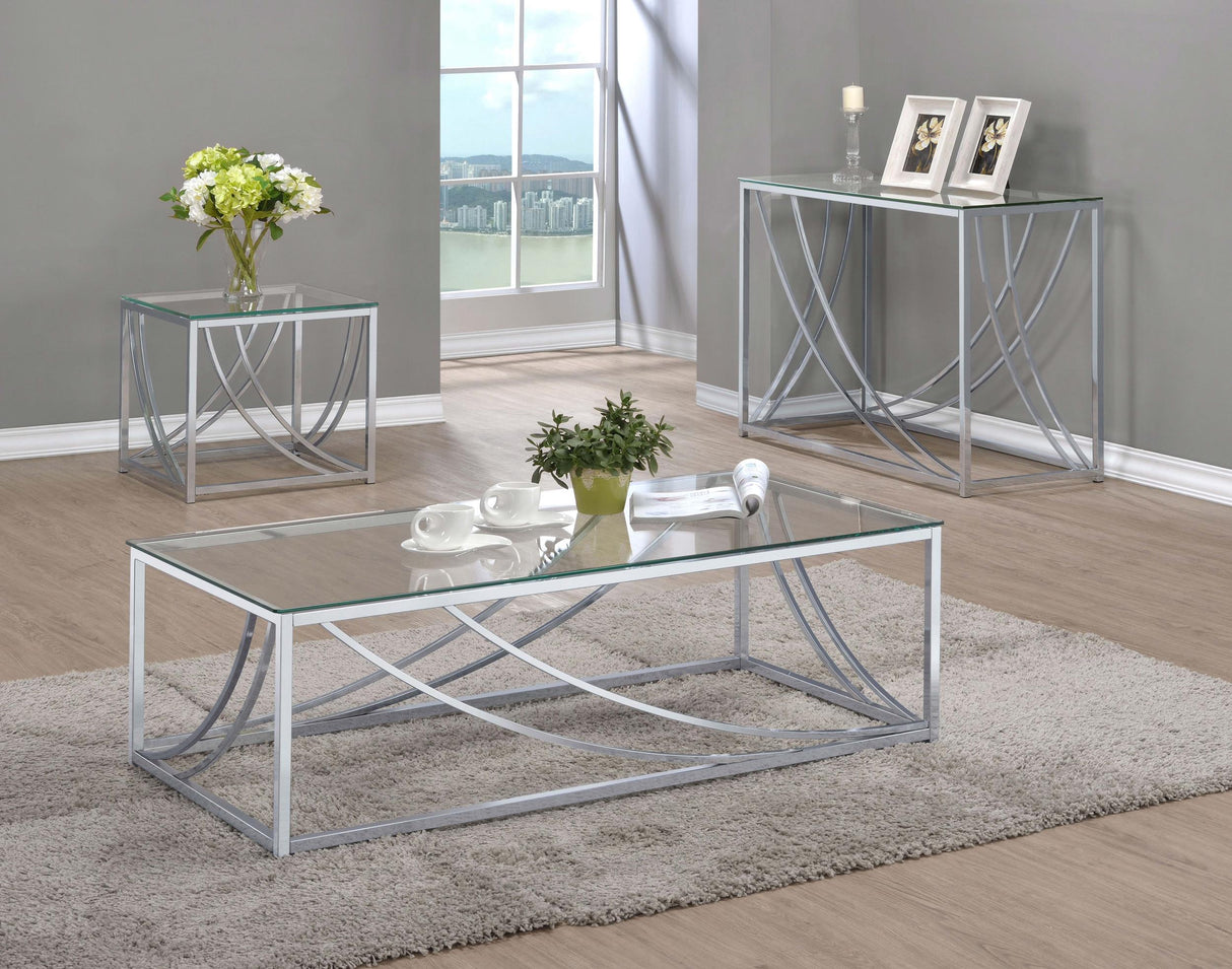 Lille Chrome 3-Piece Glass Top Coffee, End and Sofa Table Set by Coaster at Eve Furniture