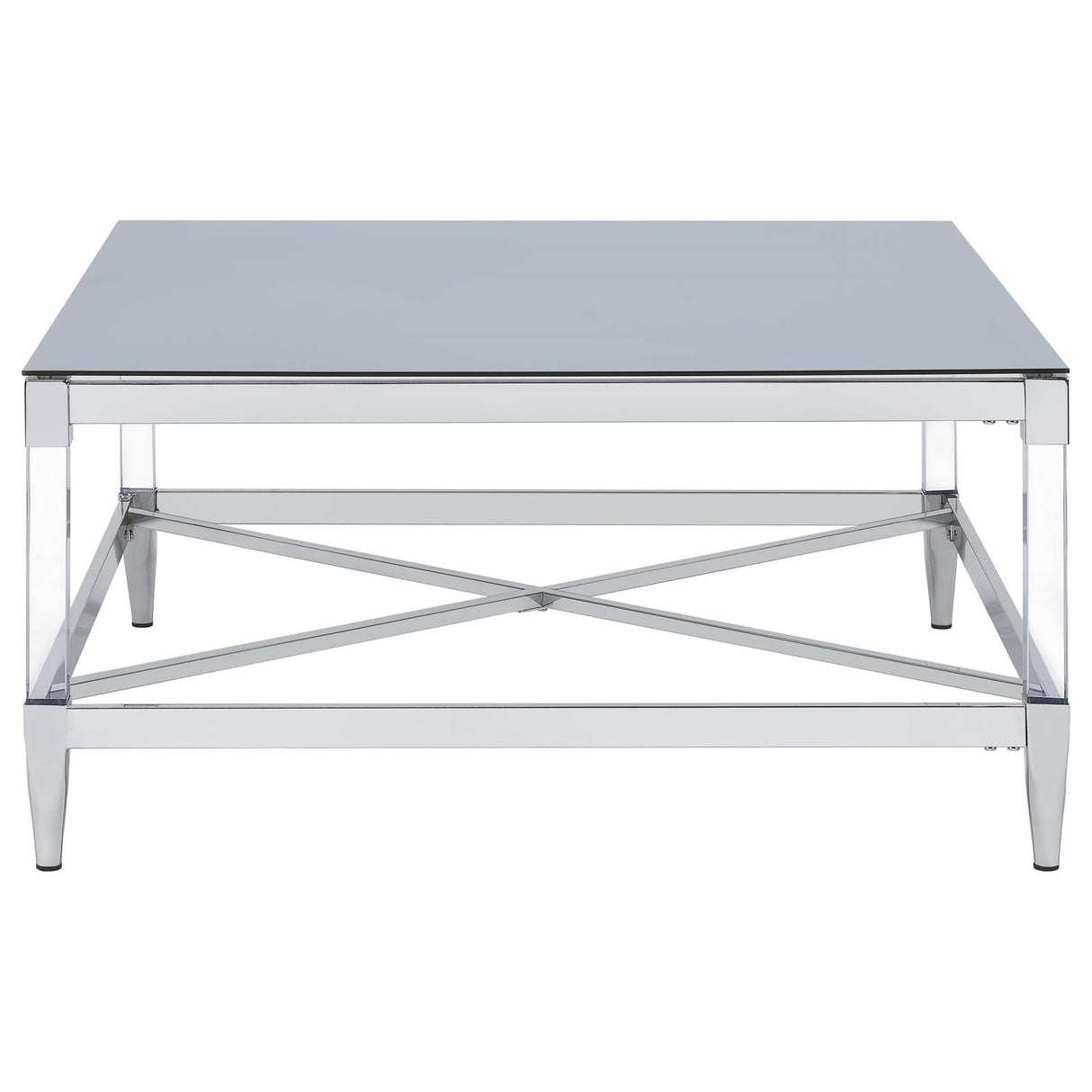 Lindley Square Coffee Table with Acrylic Legs and Tempered Mirror Top Chrome by Coaster at Eve Furniture