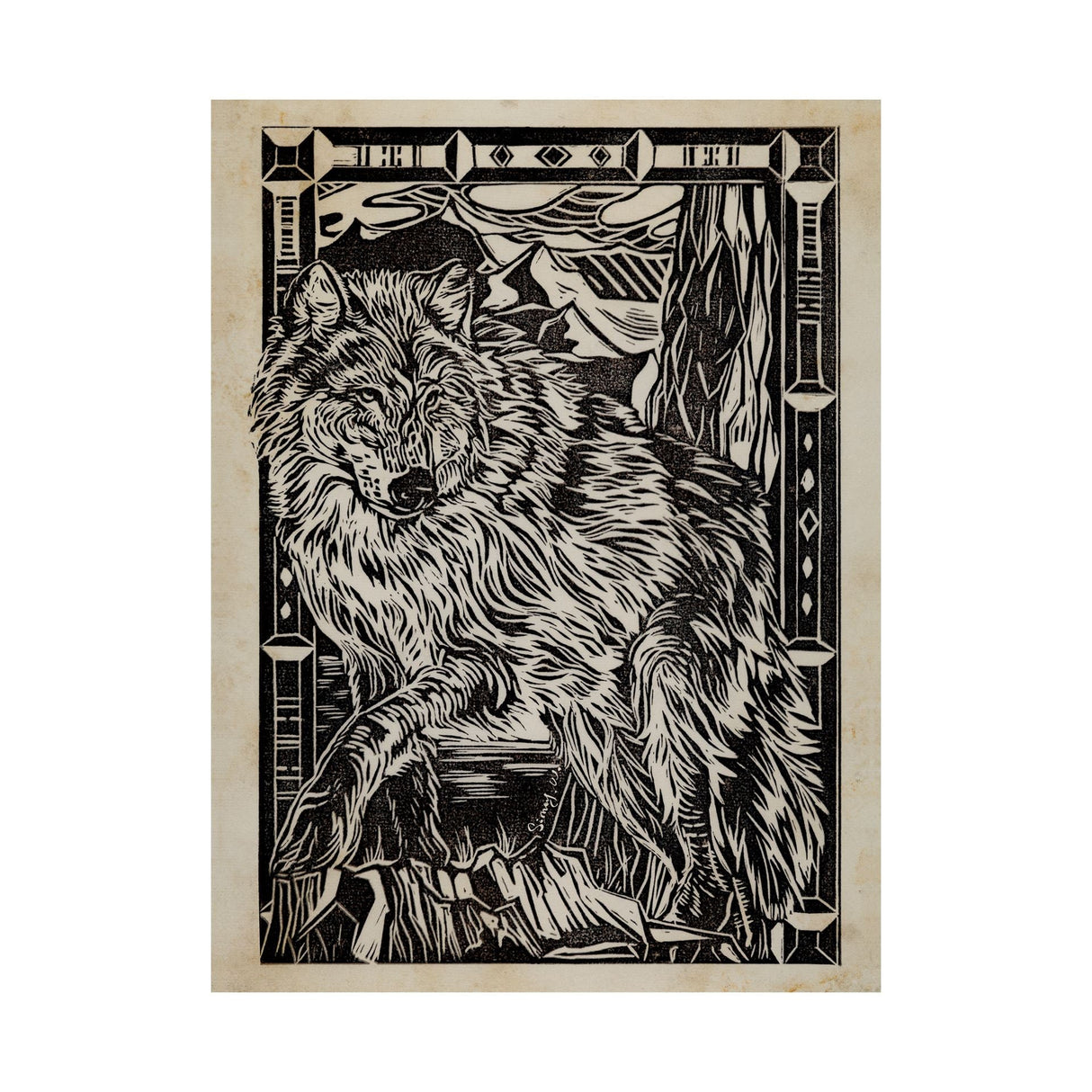 Linocut IV (Wolf) by Mercana Studio a Hand Embellished Textured Canvas by Mercana at Eve Furniture