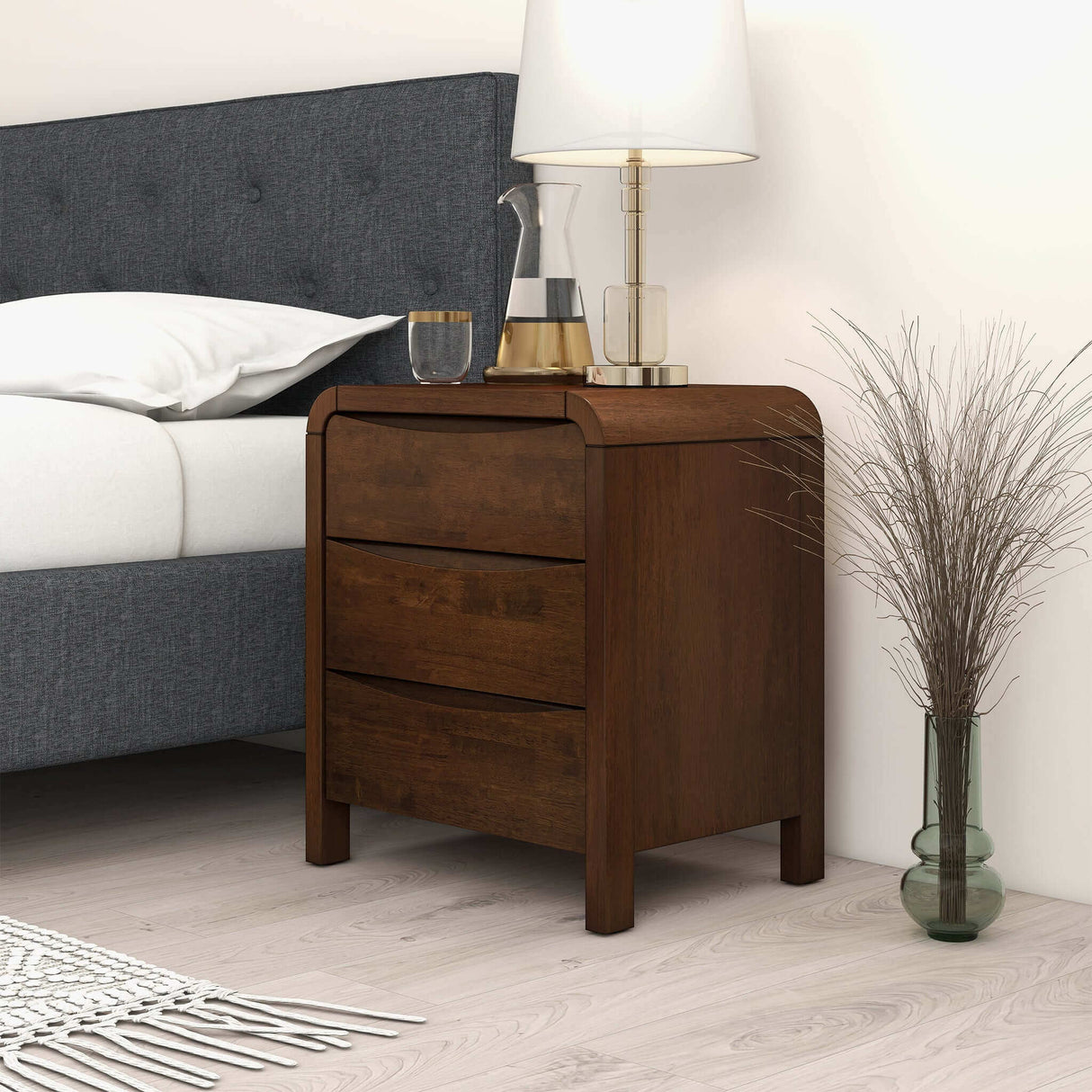 Lionel Mid Century Modern Solid Wood Nightstand 3-Drawer Bed Side Table by Ashcroft Furniture at Eve Furniture