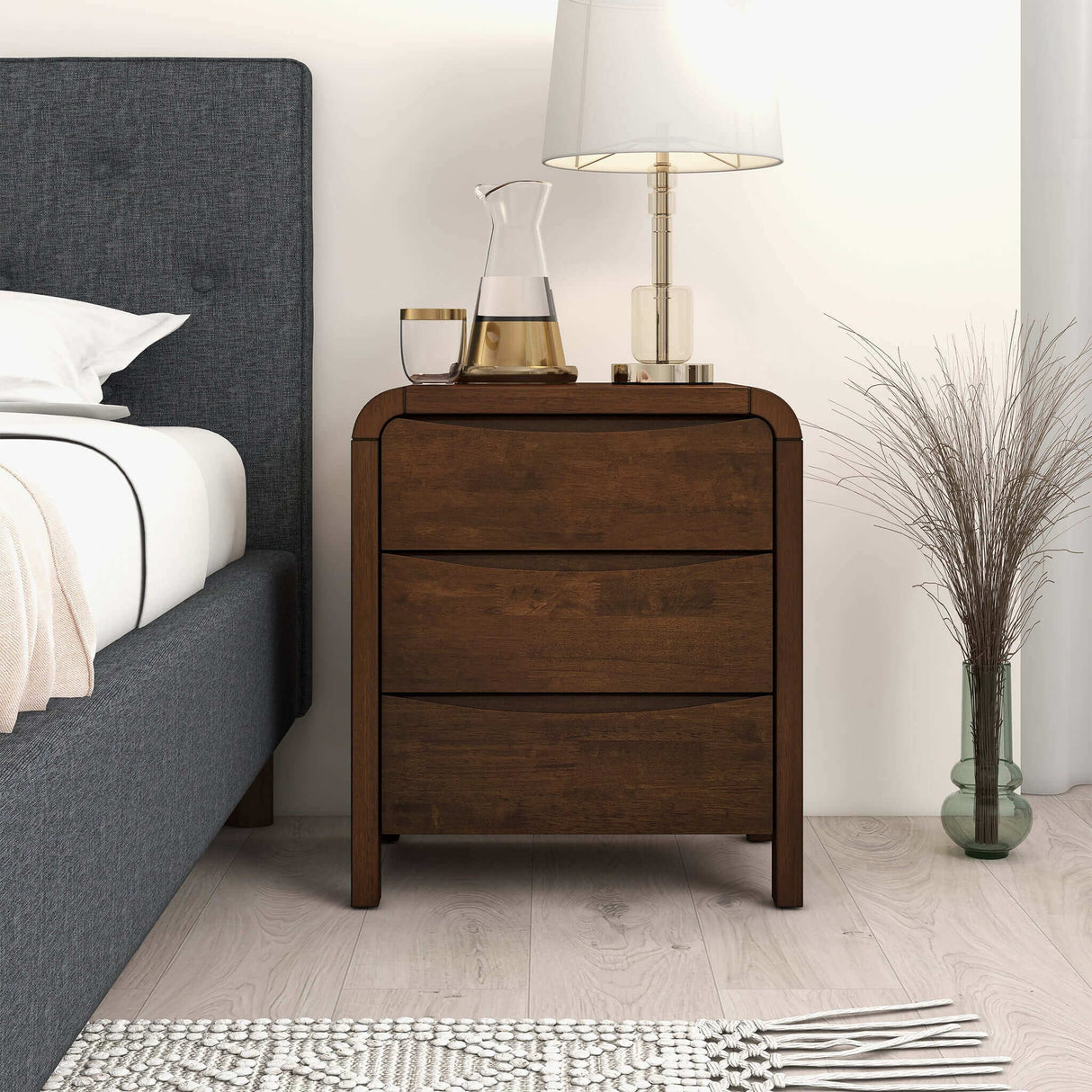 Lionel Mid Century Modern Solid Wood Nightstand 3-Drawer Bed Side Table by Ashcroft Imports at Eve Furniture