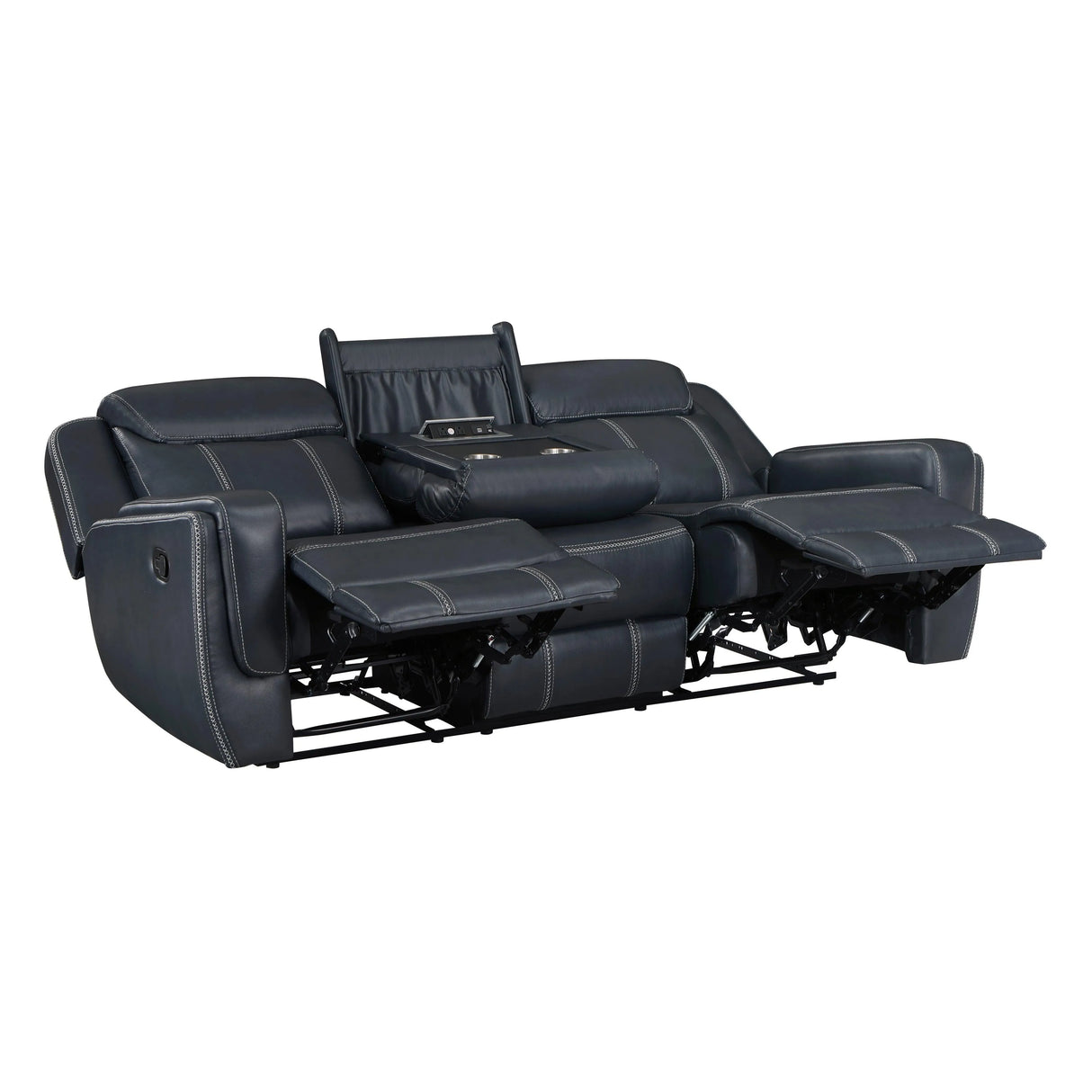 Littleton Blue Double Reclining Sofa with Center Drop-Down Cup Holders, Magazine bag, Receptacles and USB Ports by Homelegance at Eve Furniture