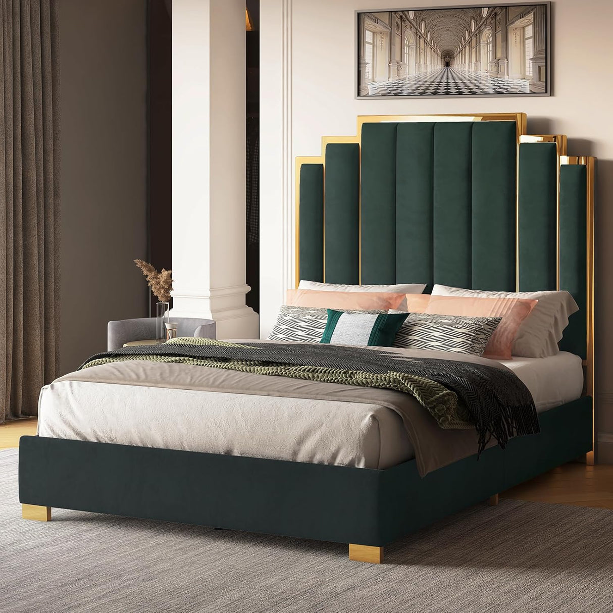 Livinia Green Velvet Queen Platform Bed by Eve Furniture at Eve Furniture