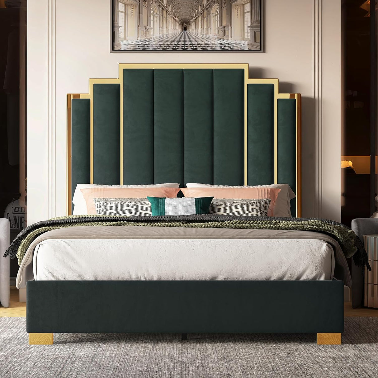 Livinia Green Velvet Queen Platform Bed by Eve Furniture at Eve Furniture