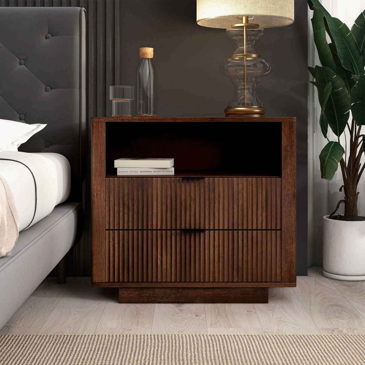 Lola Mid Century Modern Walnut Nightstand 2-Drawer Bed Side Table by Ashcroft Furniture at Eve Furniture