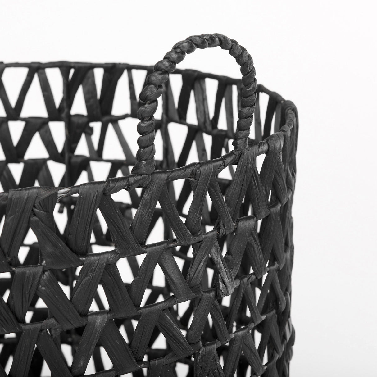 Lola (Set of 3) Black Water Hyacinth Zig Zag Weave Round Basket W/ Handles by Mercana at Eve Furniture