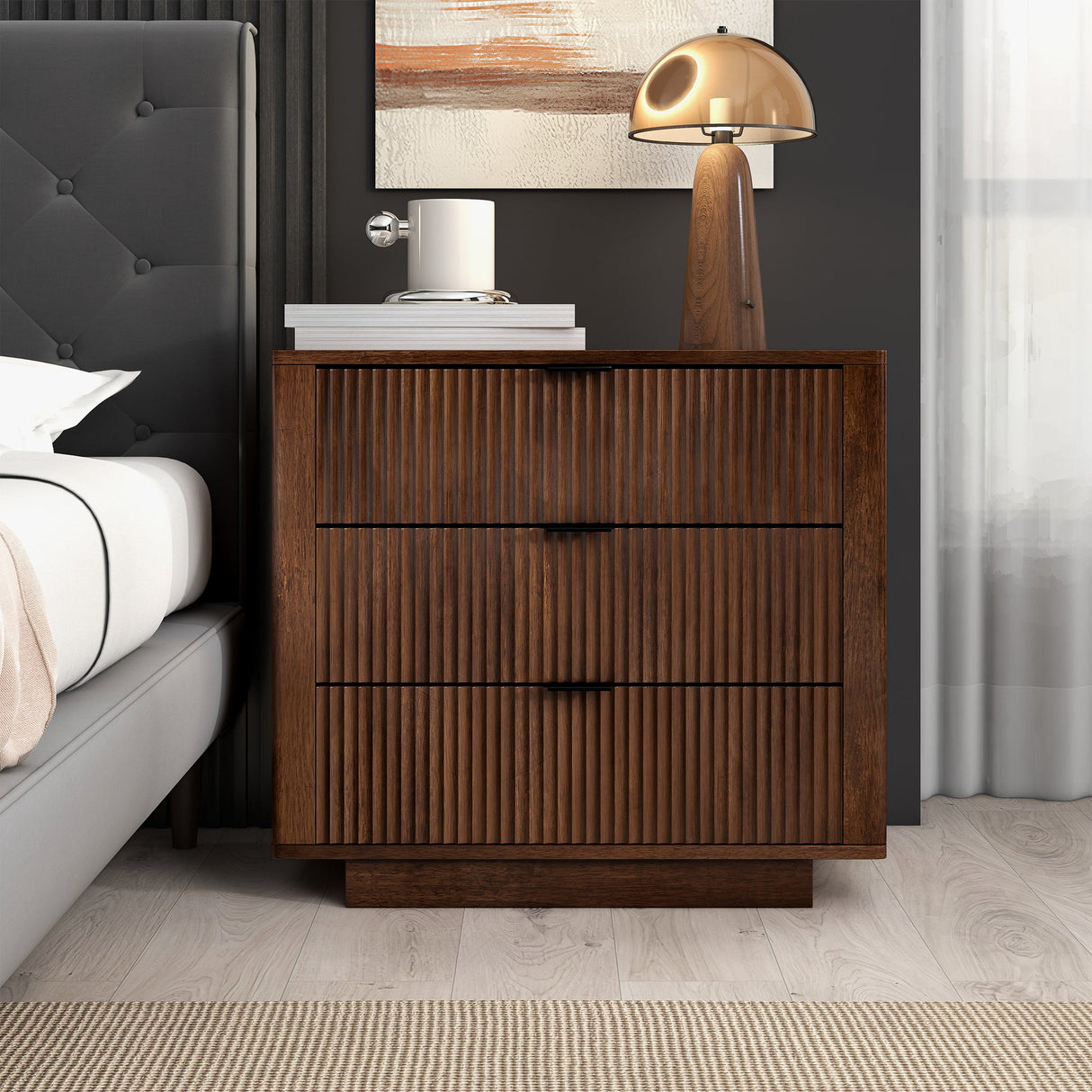 Lola Walnut Nightstand 3-Drawer by Ashcroft Furniture at Eve Furniture