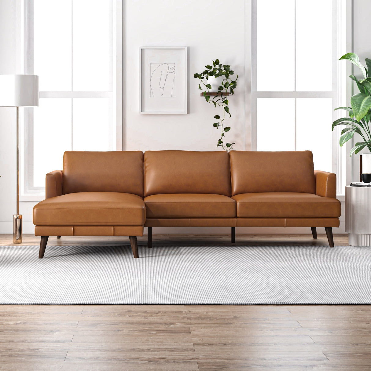 Lore L-Shaped Genuine Leather Sectional In Tan Left Facing by Ashcroft Furniture at Eve Furniture