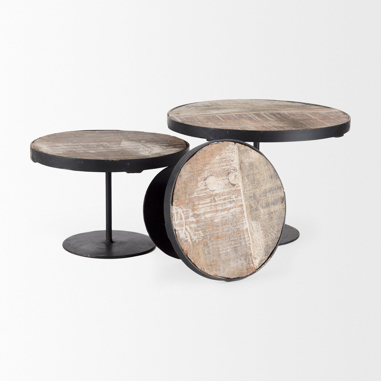 Lorenz (Set of 3) Light Brown Wood W/ Black Metal Base Round Decorative Display Stands by Mercana at Eve Furniture