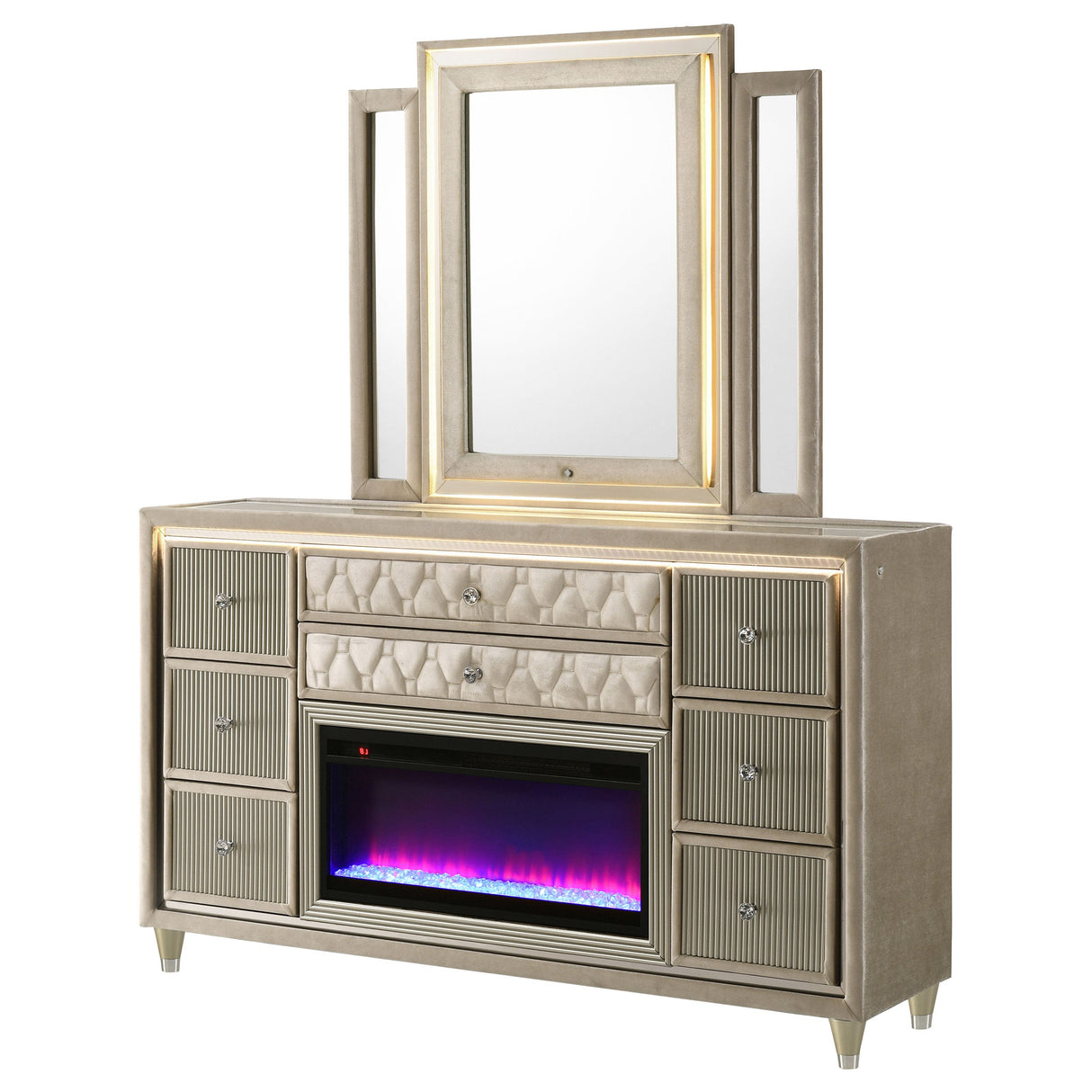 Lorient Ivory/Camel 8-drawer LED Flame Box Dresser and Mirror by Coaster at Eve Furniture