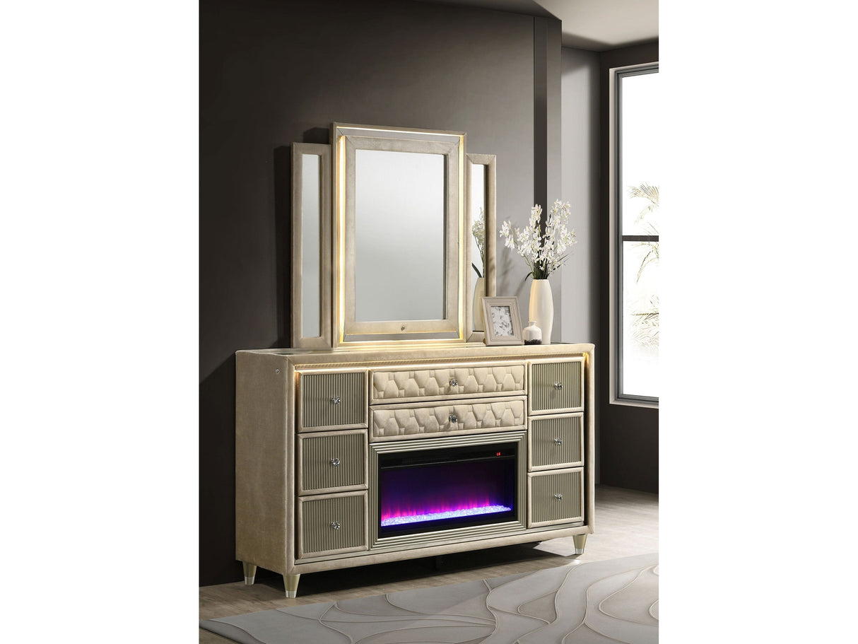 Lorient Ivory/Camel 8-drawer LED Flame Box Dresser and Mirror by Coaster at Eve Furniture