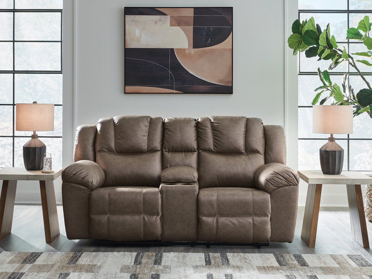Lowilla Driftwood DBL Rec Loveseat with Console by Ashley at Eve Furniture