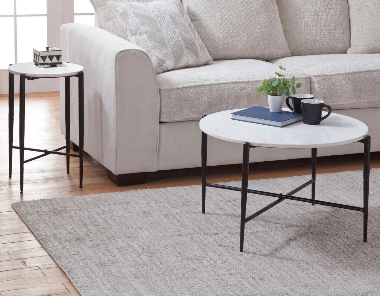 Loxie White 29.5″ Round Solid Marble Top Cocktail Table by Steve Silver at Eve Furniture